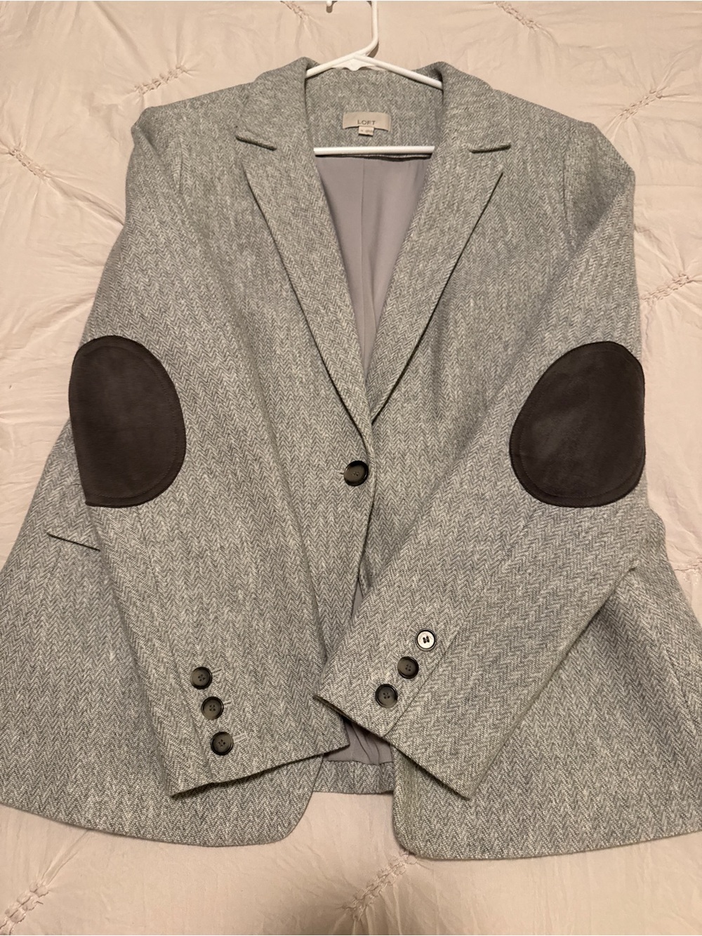 LOFT Gray Herringbone Blazer with Dark Elbow Patches